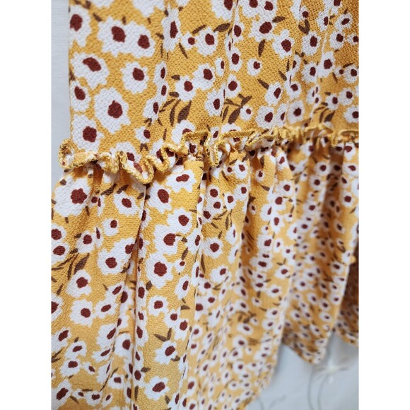 Womens Medium Yellow Mini Skirt Floral Tierd Ruffle Crinkle Smocked Cottage - Picture 4 of 15